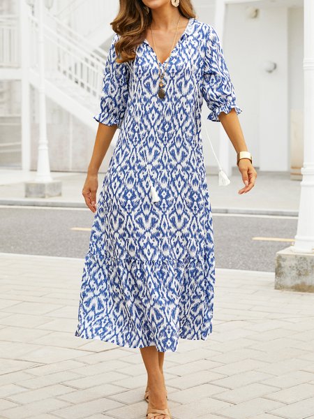 

Casual V Neck Geometric Printed Dress, Blue, Maxi