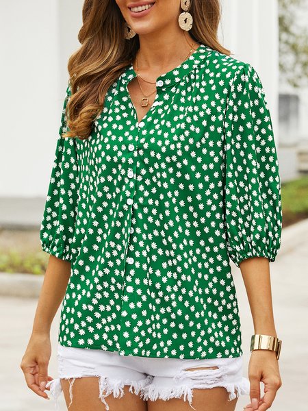 

Floral Polyester Fibre Casual Blouse, Green, Shirts