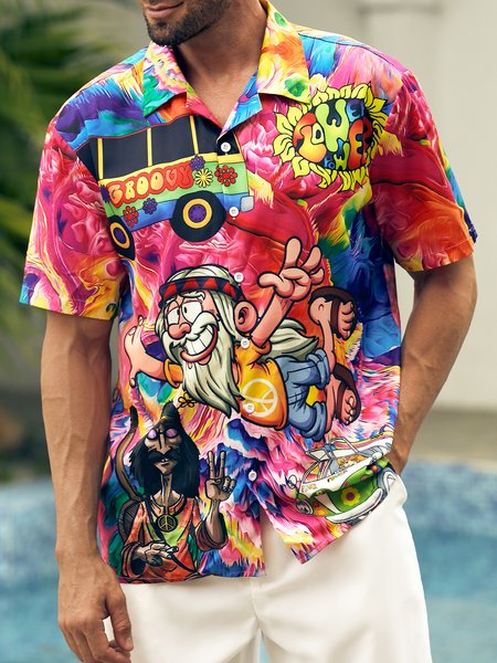 

Hippie Love and Peace Short Sleeve Aloha Shirt, Multicolor, Men Shirts