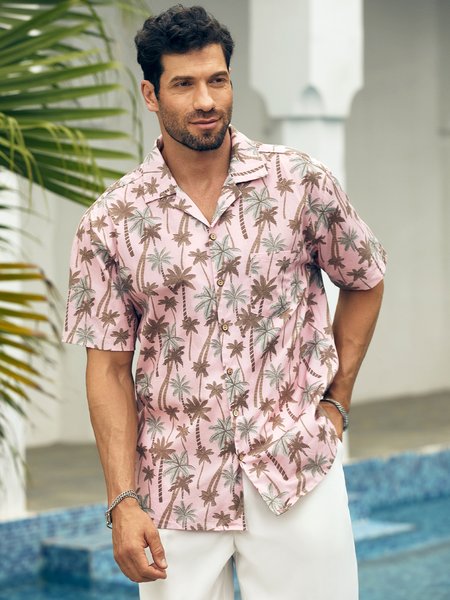 

Hardaddy® Cotton Coconut Tree Chest Pocket Resort Shirt, Pink, Men Shirts