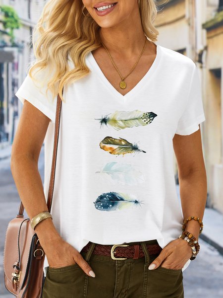 

Feather Pattern V Neck Casual T-Shirt, White, T-shirts