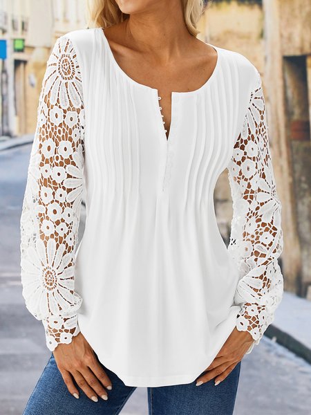 

Plain Casual Patchwork lace Notched Tunic Top, White, Tops