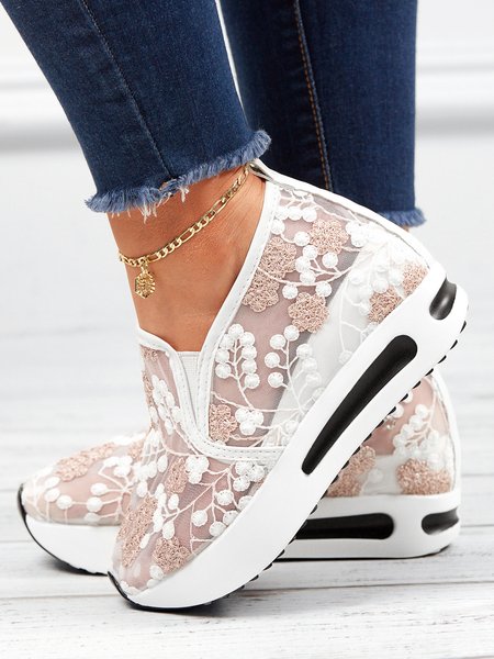

Floral Embroidery Breathable Sheer Mesh Sneakers, White-pink, Sneakers