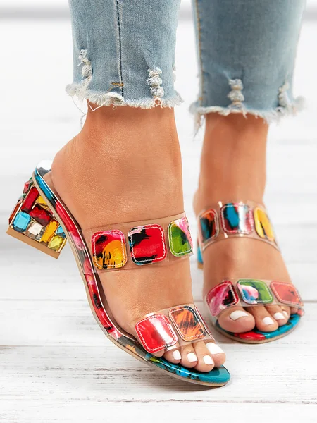 

Colorful PVC Double Straps Rhinestone Chunky Heeled Sandals, Multicolor, Slippers