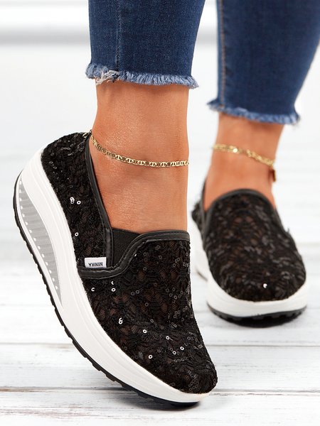 

Breathable Contrast Sequin Lace Slip-on Platform Sneakers, Black, Sneakers