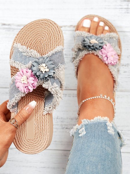 

Denim Cross Strap Applique Raw Hem Beach Slippers, Blue, Sandals