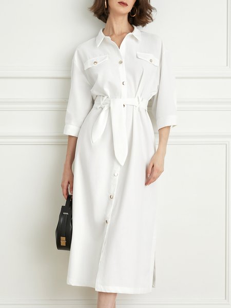 

Casual Cotton And Linen Regular Fit Dress With Belt, White, Dresses