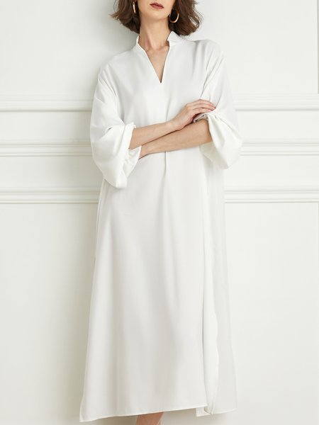

2023 Fashion week loose Plain Shirt Collar Elegant Dress, White, Dresses