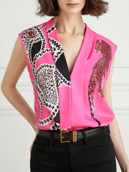 

Abstract Chain Print Urban V Neck Blouse, Deep pink, Blouses and Shirts