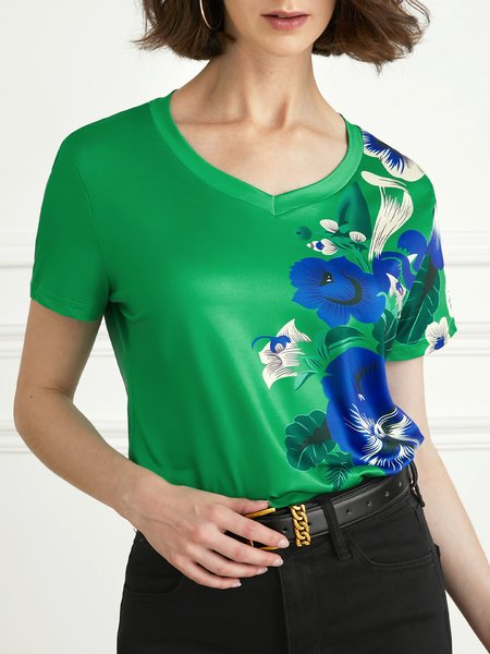 

Casual V Neck Tight Short Sleeve T-Shirt, Green, Tees