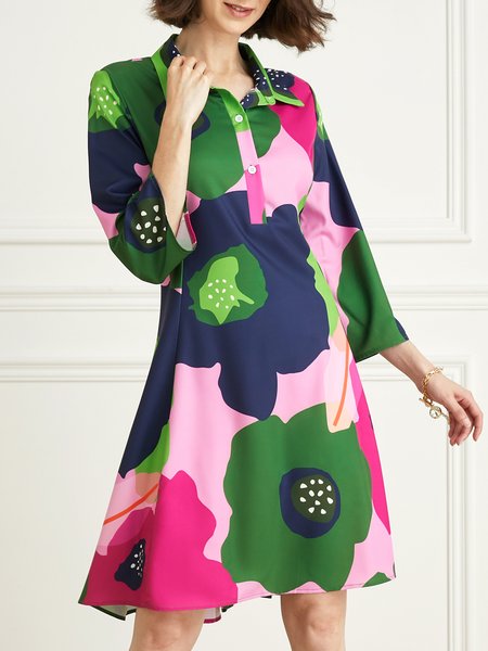 

Urban Floral Shirt Collar Loose Dress, Flower, Dresses