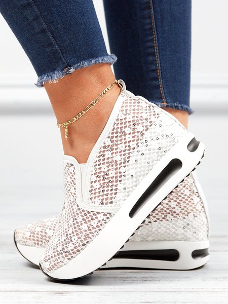 

Women's Sequin Mesh Slip On Muffin Sneakers, White, Flats