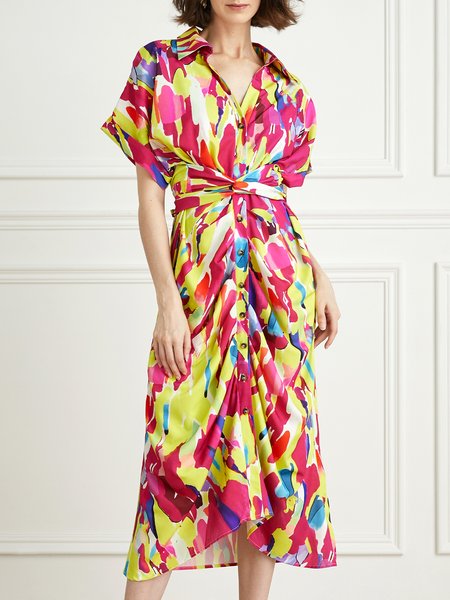 

Shirt Collar Loose Short sleeve Abstract Elegant Long Dress, As picture, Dresses