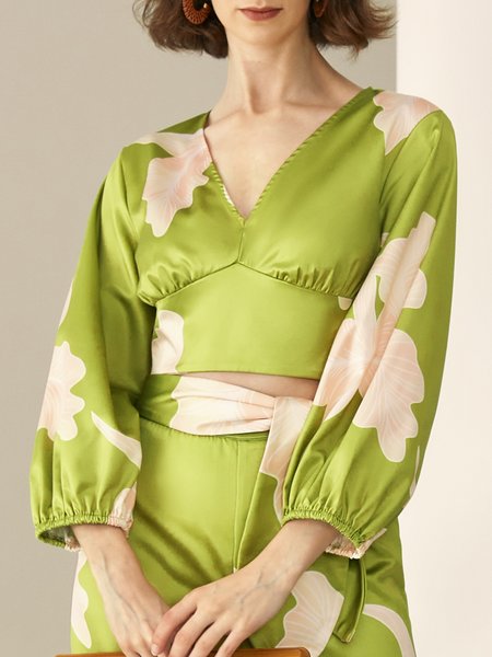 

Vacation Floral Regular Fit V Neck Blouse, Green, Blouses and Shirts