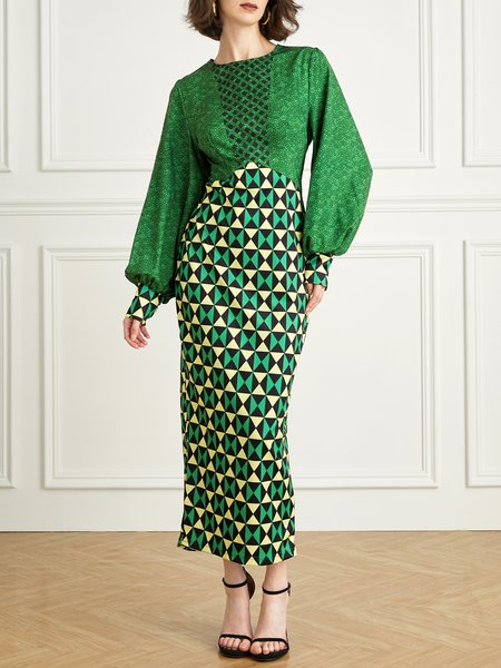 

Urban Geometric Crew Neck Lantern Sleeve Dress, Green, Dresses