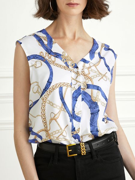 

Loose Urban Abstract V Neck Sleeveless Blouse, White, Blouses and Shirts