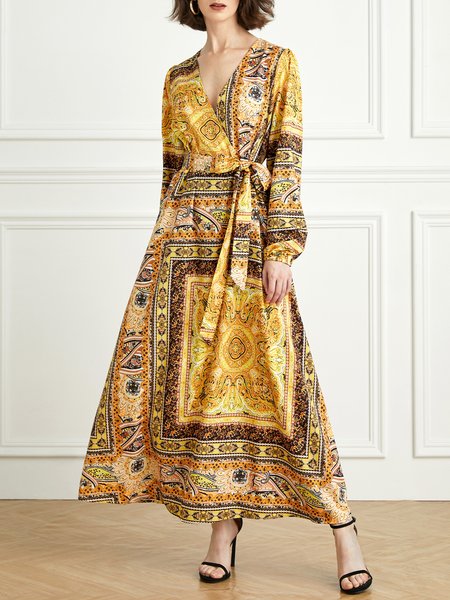 

Stylewe Paisley Scarf Print Surplice Neck Belted Dress, Yellow, Dresses