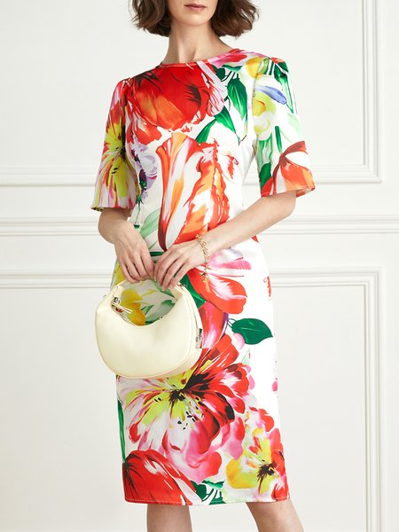 

Floral Regular Fit Crew Neck Elegant Dress, As picture, Dresses