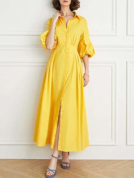 

Plain Elegant Shirt Collar Dress, Yellow, Dresses