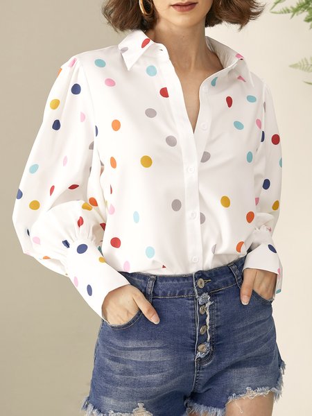 

Shirt Collar Loose Vacation Polka Dots Blouse, Multicolor, Blouses and Shirts