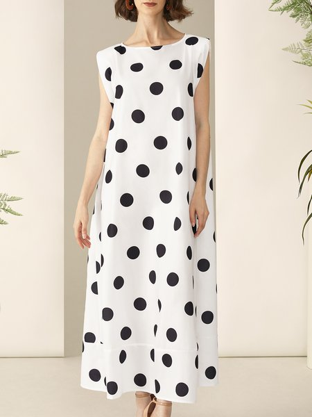 

Stylewe Loose Boat Neck Elegant Polka Dots Dress, White, Dresses