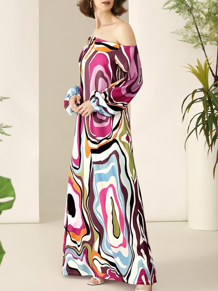 

Abstract Stripes Loose One Shoulder Vacation Dress, Multicolor, Dresses