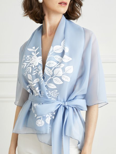 

Shawl Collar Elegant Floral Short Sleeve Kimono, As picture, Kimonos