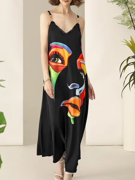

Loose V Neck Abstract Face Lace Edge Urban Dress, Black, Dresses