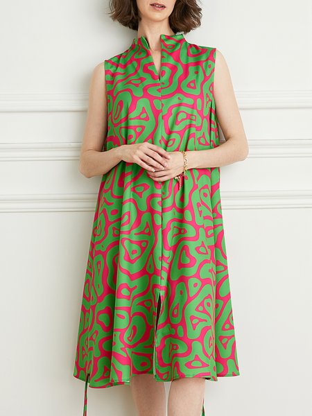 

Elegant Abstract Graphic Stand Collar Regular Fit Dress, Green, Dresses