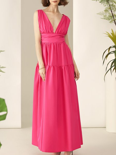 

V Neck Regular Fit Polyester Cotton Vacation Dress, Deep pink, Dresses