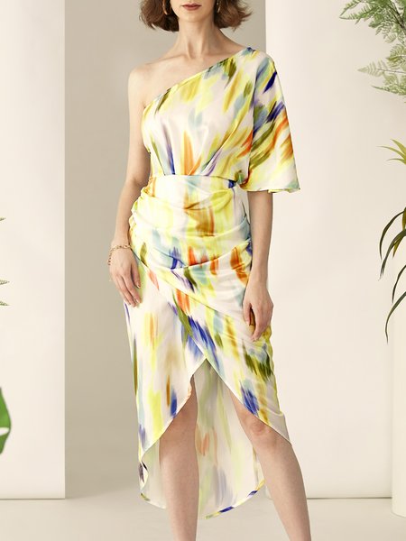 

Abstract Asymmetrical Regular Fit Short sleeve Elegant Midi Dress, As picture, Dresses