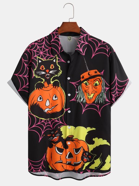 

Men's Halloween Pumpkin Print Moisture Wicking Fabric Fashion Lapel Short Sleeve Shirts, Black, Short Sleeve Shirts