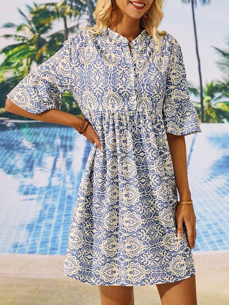 

Floral Loose Casual Stand Collar Dress, Blue, Dresses