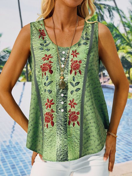 

Ethnic Boho Buttoned Loose Tank Top, Blue, Tanks & Camis