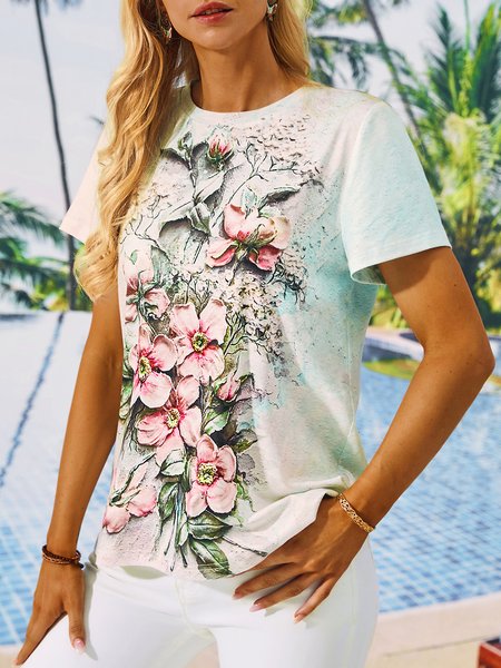 

Women's T shirt Tee Yellow Pink Blue Floral Print Short Sleeve Holiday Weekend Basic Round Neck Regular Floral Painting, Green, T-Shirts