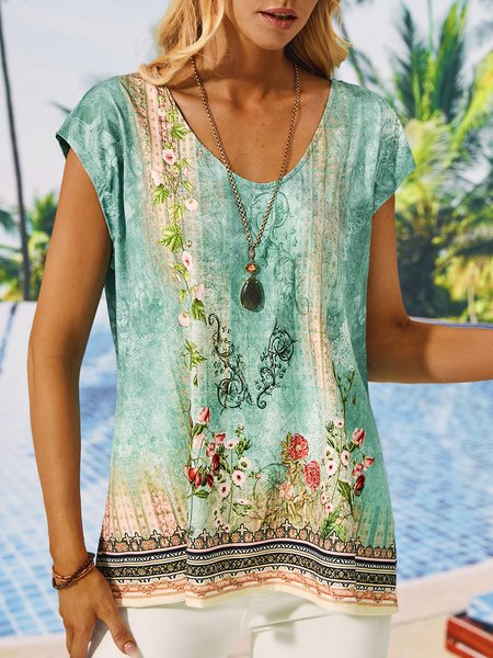 

Floral Loose Vacation Tank Top, Blue, Tanks & Camis