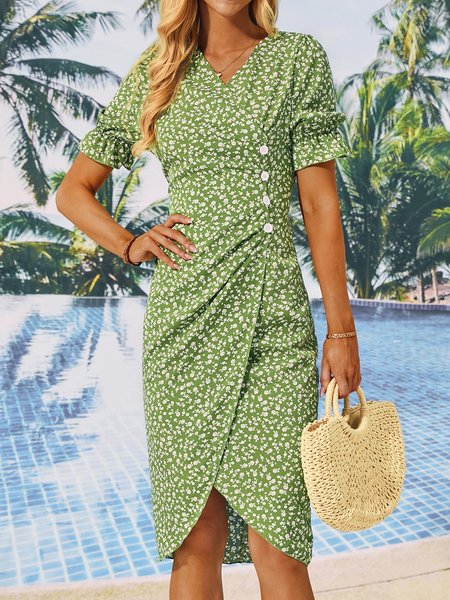 

Vacation Floral V Neck Dress, Lake blue, Dresses