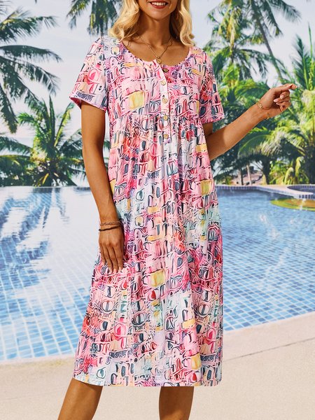 

Casual Geometric Crew Neck Loose Dress, Pink, Dresses