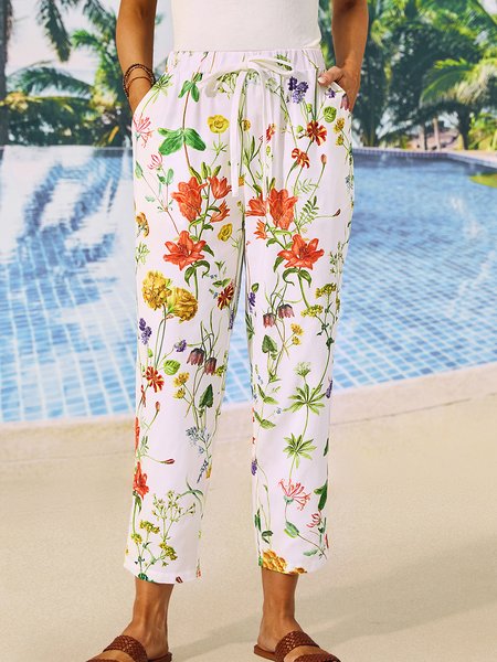 

Floral Loose Casual Pants, White, Pants