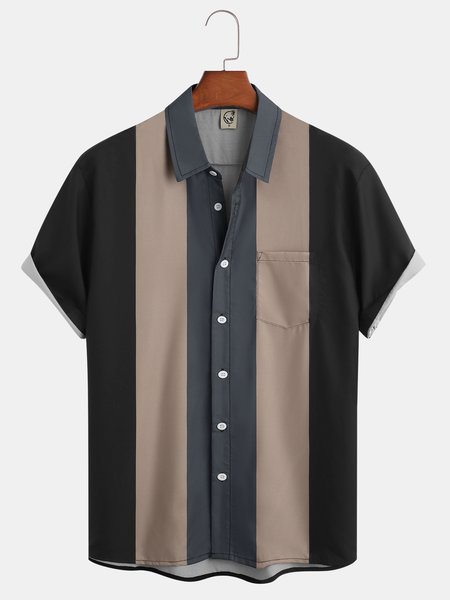

Men's Geometric Stripe Print Fashion Lapel Short Sleeve Hawaiian Shirt, Black, Short Sleeve Shirts