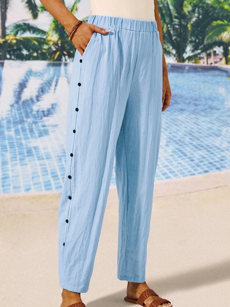 

Buttoned Linen Loose Plain Pants, Green, Pants