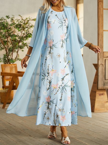 

Floral Sweet Long Sleeve Woven Dress, Sky blue, Maxi