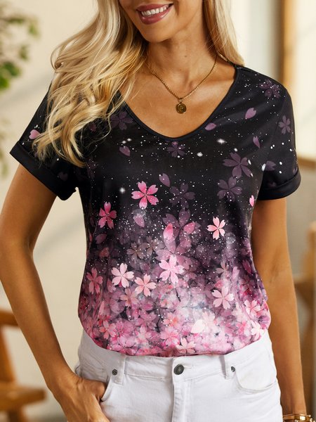 

Casual V Neck Floral T-Shirt, Black, T-shirts
