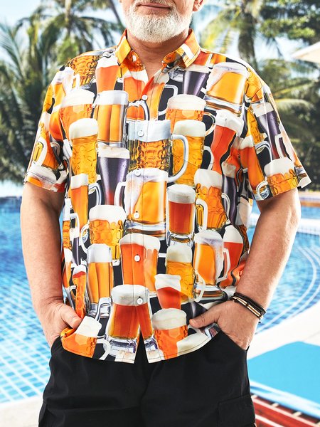 

Big Size Beer Chest Pocket Short Sleeve Hawaiian Shirt, Yellow, Men Shirts