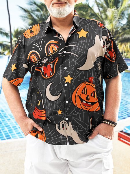 

Big Size Black Cat Chest Pocket Short Sleeve Hawaiian Shirt, Short Sleeve Shirts