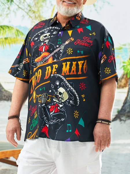 

Big Size Skull Guitar Cinco De Mayo Chest Pocket Short Sleeve Shirt, Black, Men Shirts