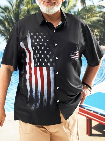 

Big Size American Flag Chest Pocket Short Sleeve Shirt, Black, Men Shirts