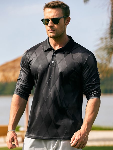 

3D Gradient Diamond Colorblock Buttons Long Sleeve Polo, Black, Polo Shirts