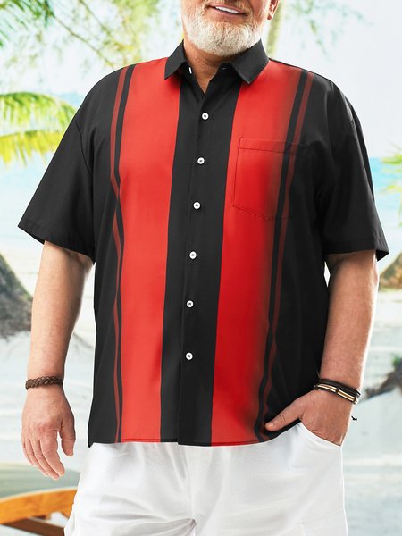 

Big Size Chest Pocket Short Sleeve Bowling Shirt, Black, Men Shirts