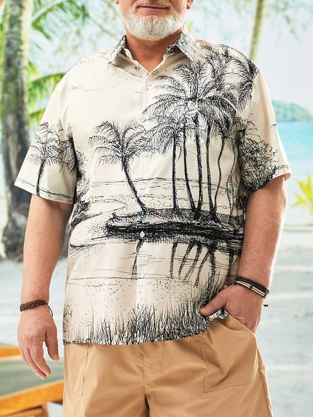 

Big Size Coconut Tree Chest Pocket Short Sleeve Hawaiian Shirt, Khaki, Men Shirts